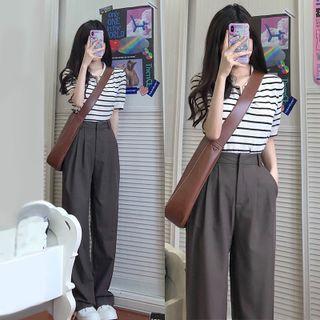 Short-sleeve Striped Polo Shirt / Wide Leg Dress Pants / Set