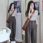 Short-sleeve Striped Polo Shirt / Wide Leg Dress Pants / Set