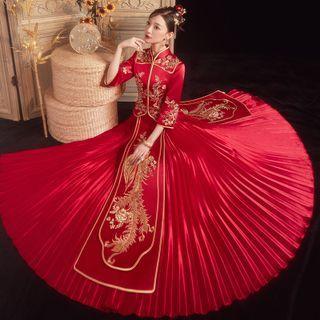 Set: Elbow-sleeve Embroidered Sequined Chinese Wedding Cheongsam + Maxi Skirt