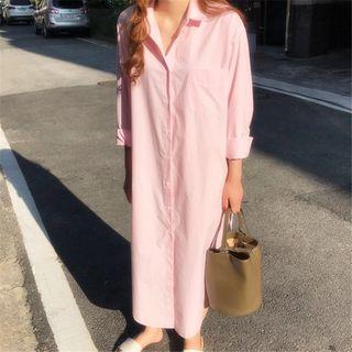 Long-sleeve Midi Shirt Dress Pink - One Size