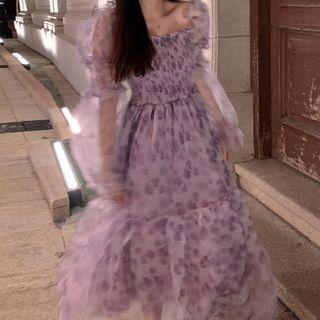 Puff-sleeve Flower Print Midi A-line Dress Floral - Light Purple - One Size