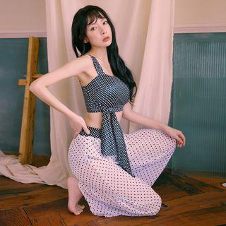 Set: Dotted Swim Top + Bottom + Wide-leg Pants
