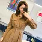 Flap-pocket Tie-waist Long Shirtdress