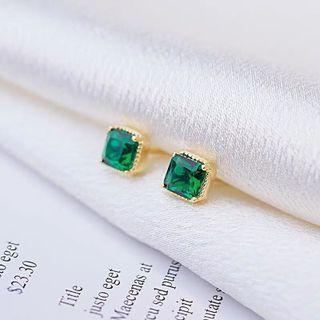 Square Rhinestone Sterling Silver Earring 1 Pair - Green & Gold - One Size