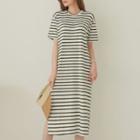 Slit-side Stripe Midi T-shirt Dress