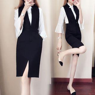 Flared-sleeve Blouse / Front Slit Sheath Dress / Set