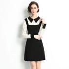 Long-sleeve Collared Knit Mini A-line Dress Black - One Size