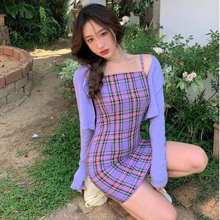 Spaghetti Strap Plaid Mini Sheath Dress / Cropped Knit Cardigan