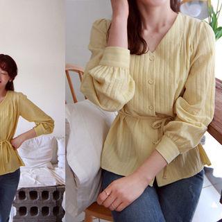 V-neck Textured Blouse With Sash