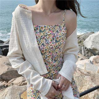 Floral Spaghetti-strap Dress / Long-sleeve Cardigan