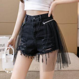 Mesh Panel Distressed Denim Hot Pants