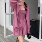 Set: Plain Shirt + Spaghetti Strap Romper Set Of 2 - Shirt & Romper - Dark Fuchsia - One Size