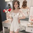 Banana Embroidered Cold-shoulder Mesh Swimdress