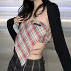 Set: Plaid Cropped Camisole Top + Long-sleeve Shrug