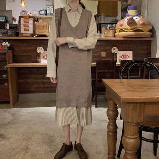 Pleated Midi A-line Shirtdress / Sweater Vest