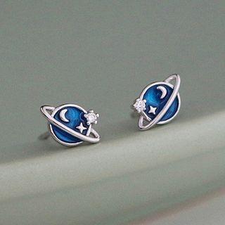 Rhinestone Planet Stud Earring 1 Pair - Blue & Silver - One Size