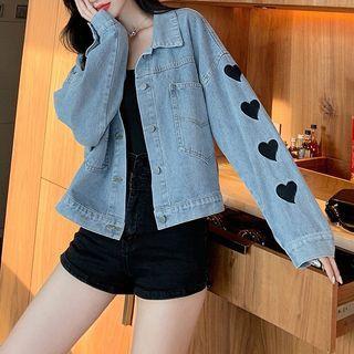 Heart Embroidery Denim Jacket Light Blue - One Size