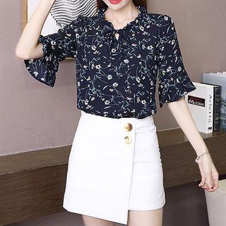 Floral Short-sleeve Tie-neck Blouse
