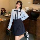 Bow-neck Shirt / High Waist Mini A-line Skirt