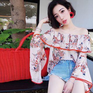 Off-shoulder Floral Print Long-sleeve Top