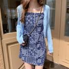 Cropped Cardigan / Patterned Spaghetti-strap Mini A-line Dress