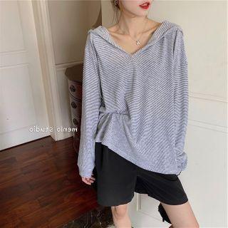 V Neck Striped Hooded Long-sleeve Top As Shown In Figure - One Size