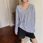 V Neck Striped Hooded Long-sleeve Top As Shown In Figure - One Size
