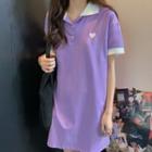 Heart Embroidered Short-sleeve Mini Polo Shirt Dress
