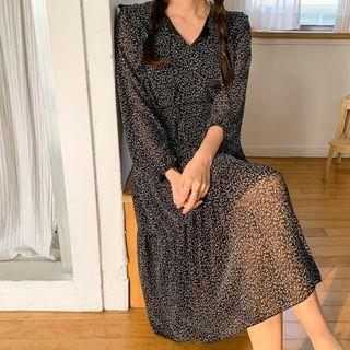 Tie-neck Frilled Dotted Long Tiered Dress