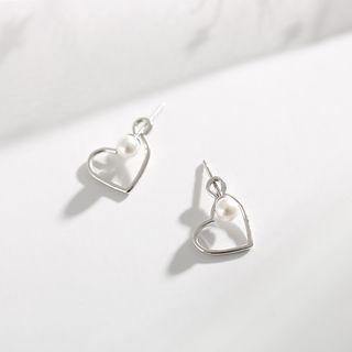 925 Sterling Silver Faux Pearl Heart Earring Stud Earring - Faux Pearl & Hollow Heart - Silver - One Size