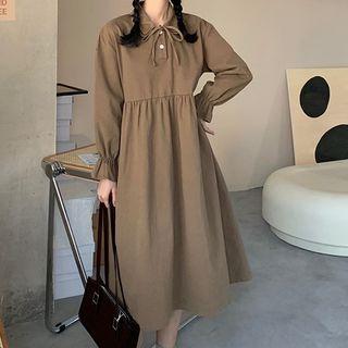 Double-layer Collared Plain Midi Dress