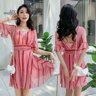 Elbow-sleeve Striped Swimdress