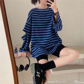 Long-sleeve Cutout Striped T-shirt Stripe - Blue - One Size