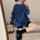 Long-sleeve Cutout Striped T-shirt Stripe - Blue - One Size