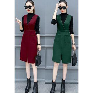 Set: Plain Long Sleeve Knit T-shirt + Pinafore Dress