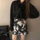 Long-sleeve Ruffle Trim Shirt / Printed A-line Mini Skirt