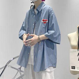 Elbow-sleeve Striped Heart Patch Shirt