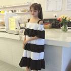 Colour Block Frilled Open Shoulder Short-sleeve Dress