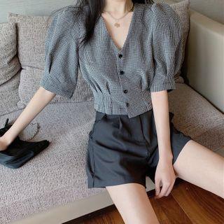 Set: Puff Sleeve V-neck Check Top + A-line Shorts