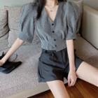 Set: Puff Sleeve V-neck Check Top + A-line Shorts