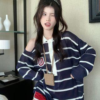Long-sleeve Cold Shoulder Striped Polo Top