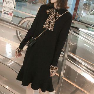 Leopard Print Panel Knit Dress Black - One Size