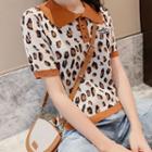 Leopard Print Short-sleeve Knit Polo Shirt