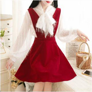 Set: Bow Accent Blouse + A-line Jumper Dress