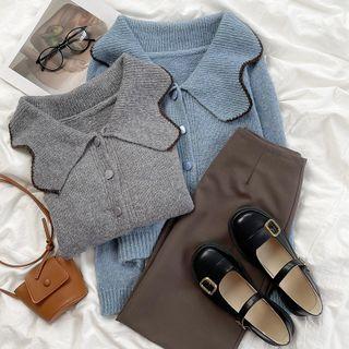 Long-sleeve Ruffle Trim Peter Pan Collar Knit  Cardigan