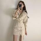 3/4-sleeve Buttoned Cropped Cargo Jacket / Lace-up Mini Skirt