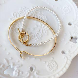 Set: Faux Pearl Bracelet + Alloy Bangle As Shown In Figure - One Size