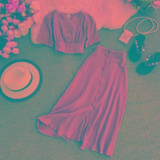 Set: Short-sleeve Button-up Crop Top + A-line Midi Skirt