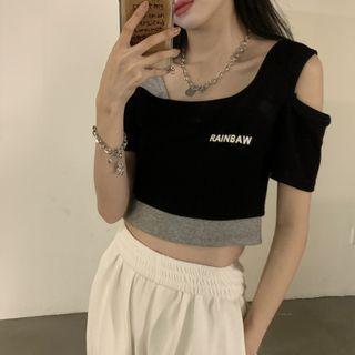 Mock Two-piece Cold-shoulder Lettering Cropped T-shirt