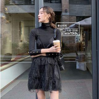Set: Glittered Sleeveless Dress + Plain Turtle-neck Long-sleeve Slim-fit Knit Top